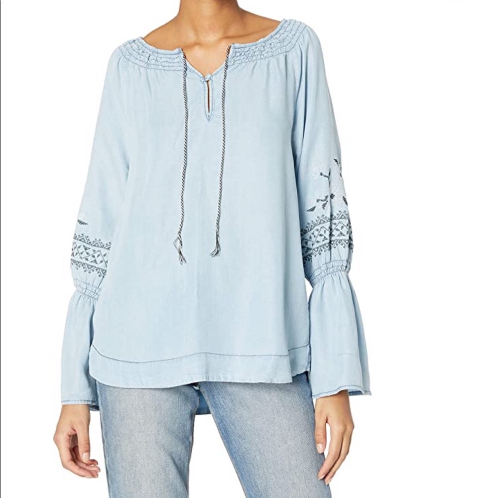 Kendi Embroidered Bell Sleeve Chambray Top